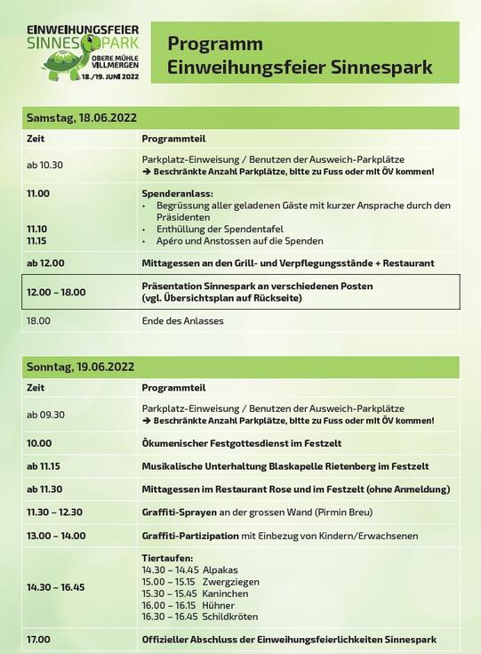 Programm Einweihungsfeier Sinnespark